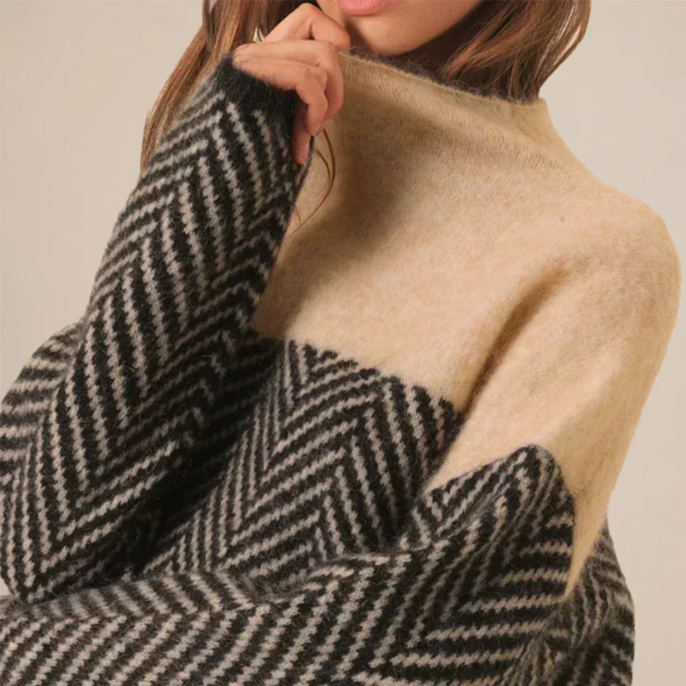 Women's Chic Pullover with High Neck and Chevron Pattern - 5 - Stylewhipped