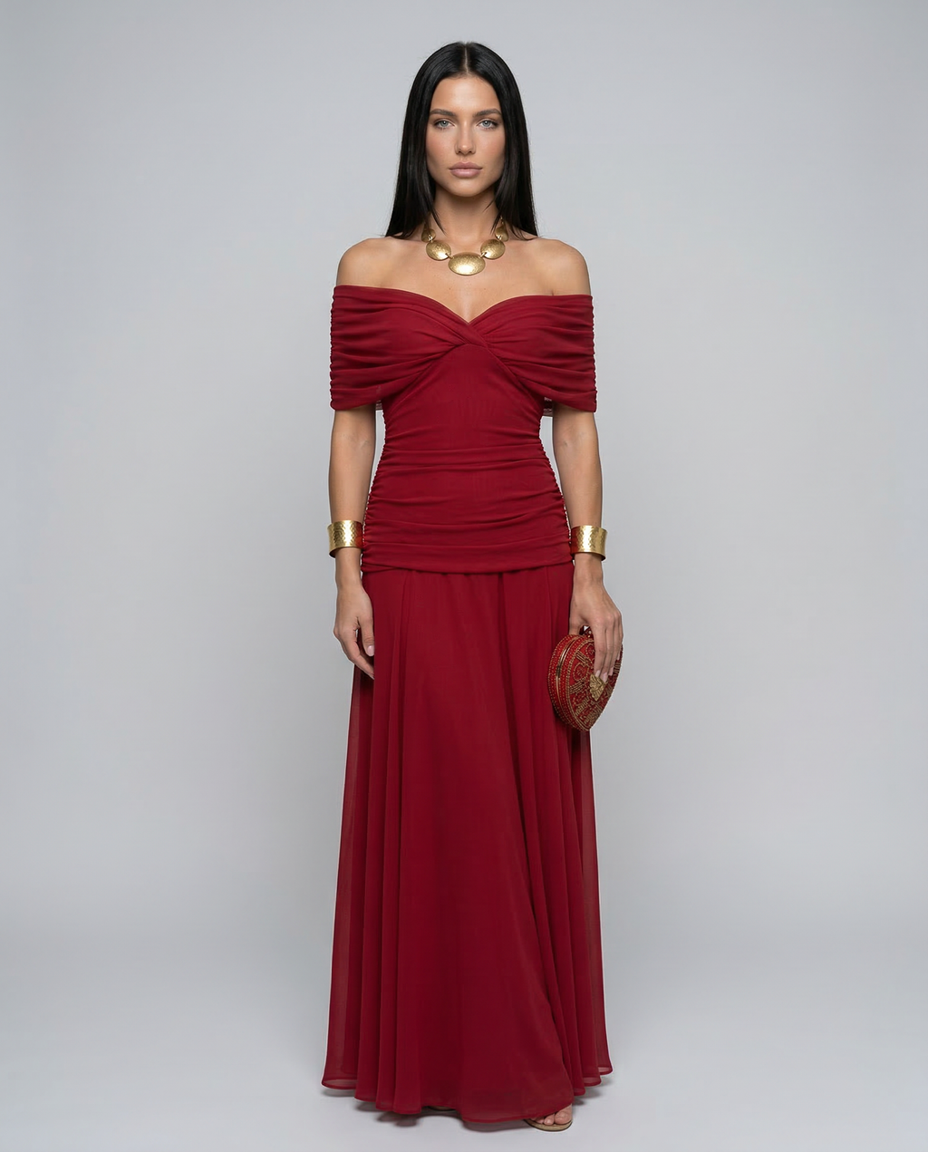 Evening Dress Women's Off-Shoulder Maxi with Ruched Detail - 1 - Stylewhipped