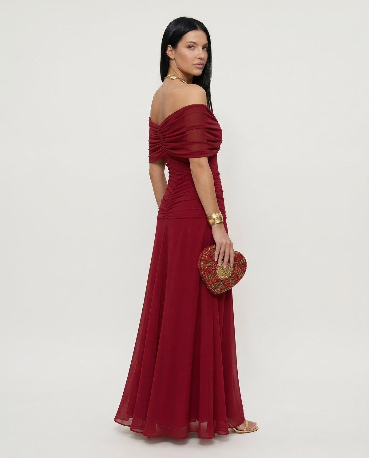Evening Dress Women's Off-Shoulder Maxi with Ruched Detail - 2 - Stylewhipped