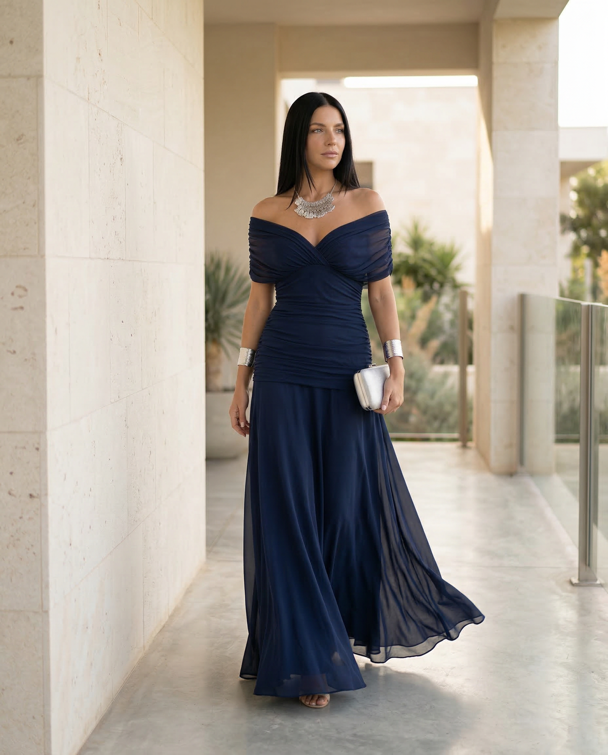 Evening Dress Women's Off-Shoulder Maxi with Ruched Detail - 10 - Stylewhipped