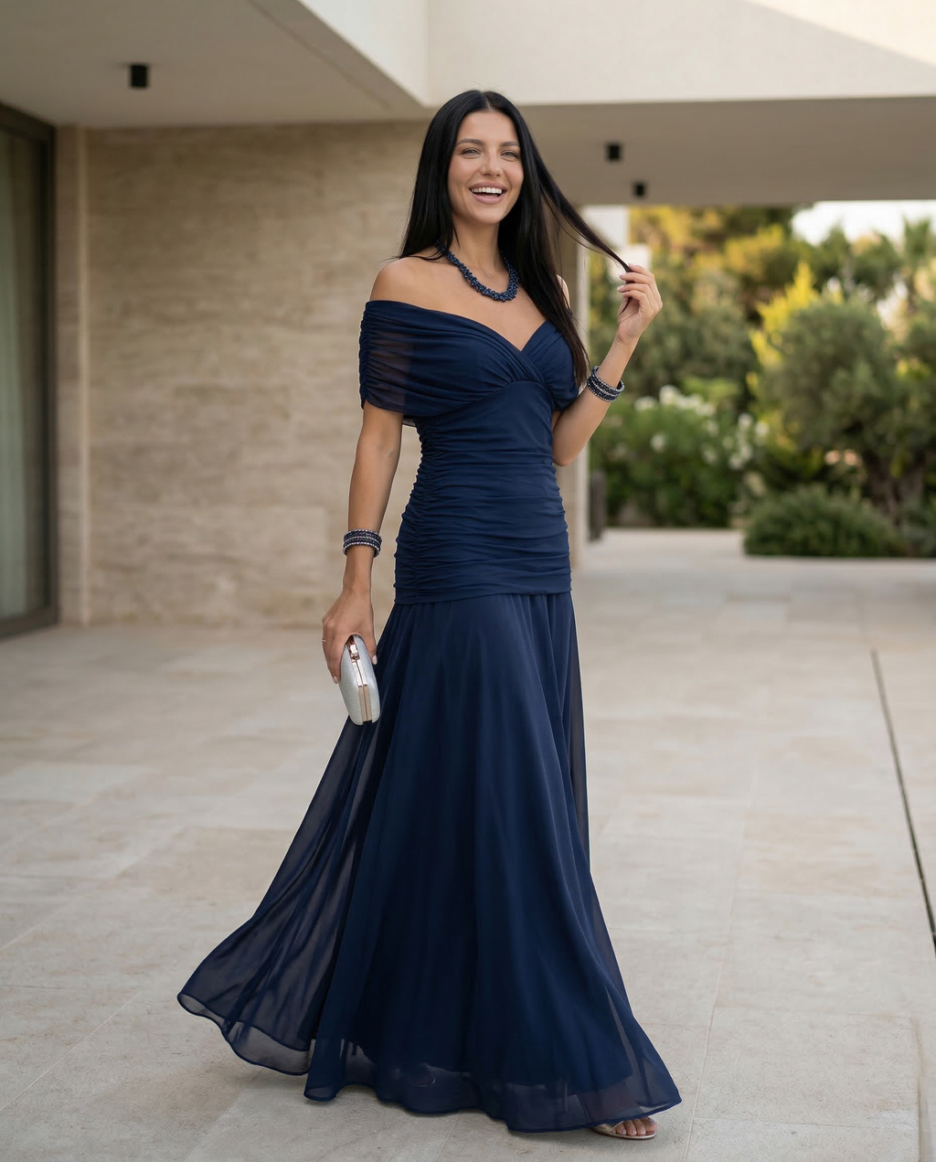 Evening Dress Women's Off-Shoulder Maxi with Ruched Detail - 11 - Stylewhipped