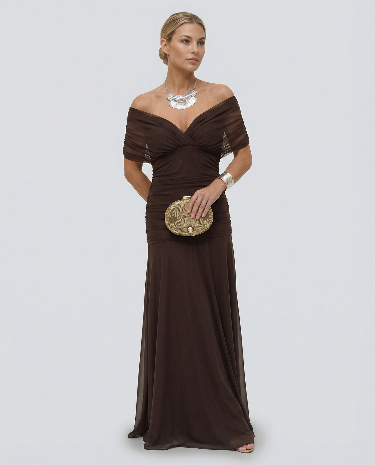 Evening Dress Women's Off-Shoulder Maxi with Ruched Detail - 25 - Stylewhipped