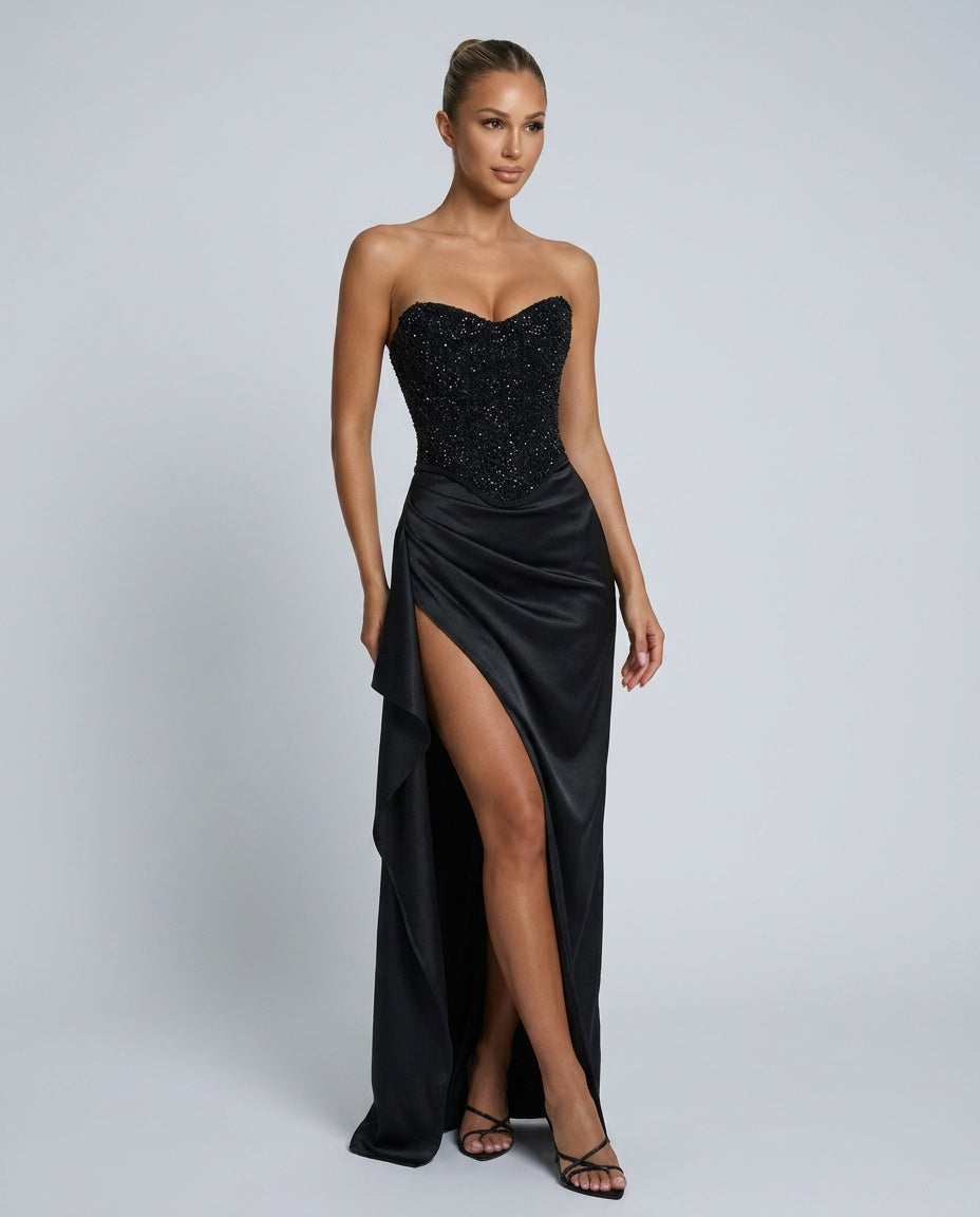 Strapless Evening Dress for Women with High Split and Corset Bodice - 1 - Stylewhipped