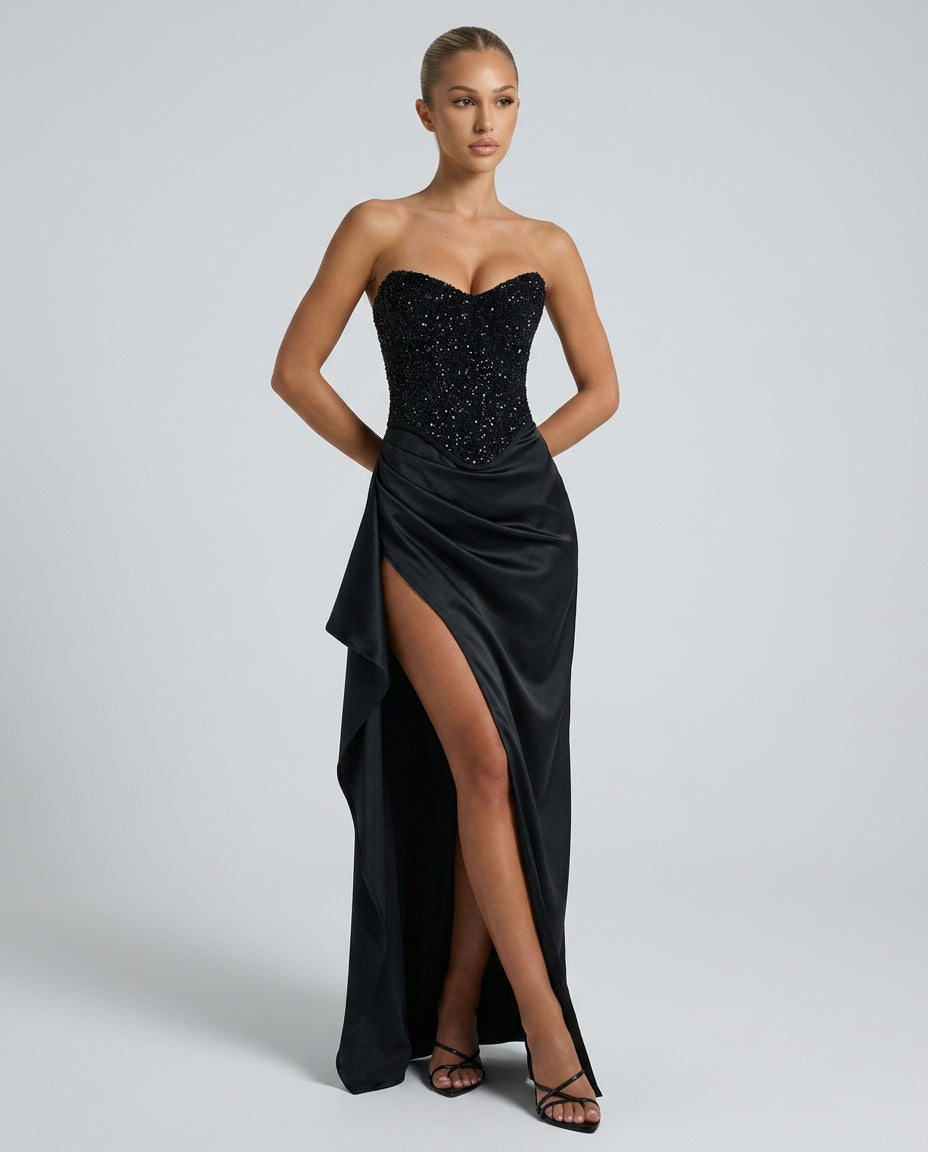 Strapless Evening Dress for Women with High Split and Corset Bodice - 3 - Stylewhipped