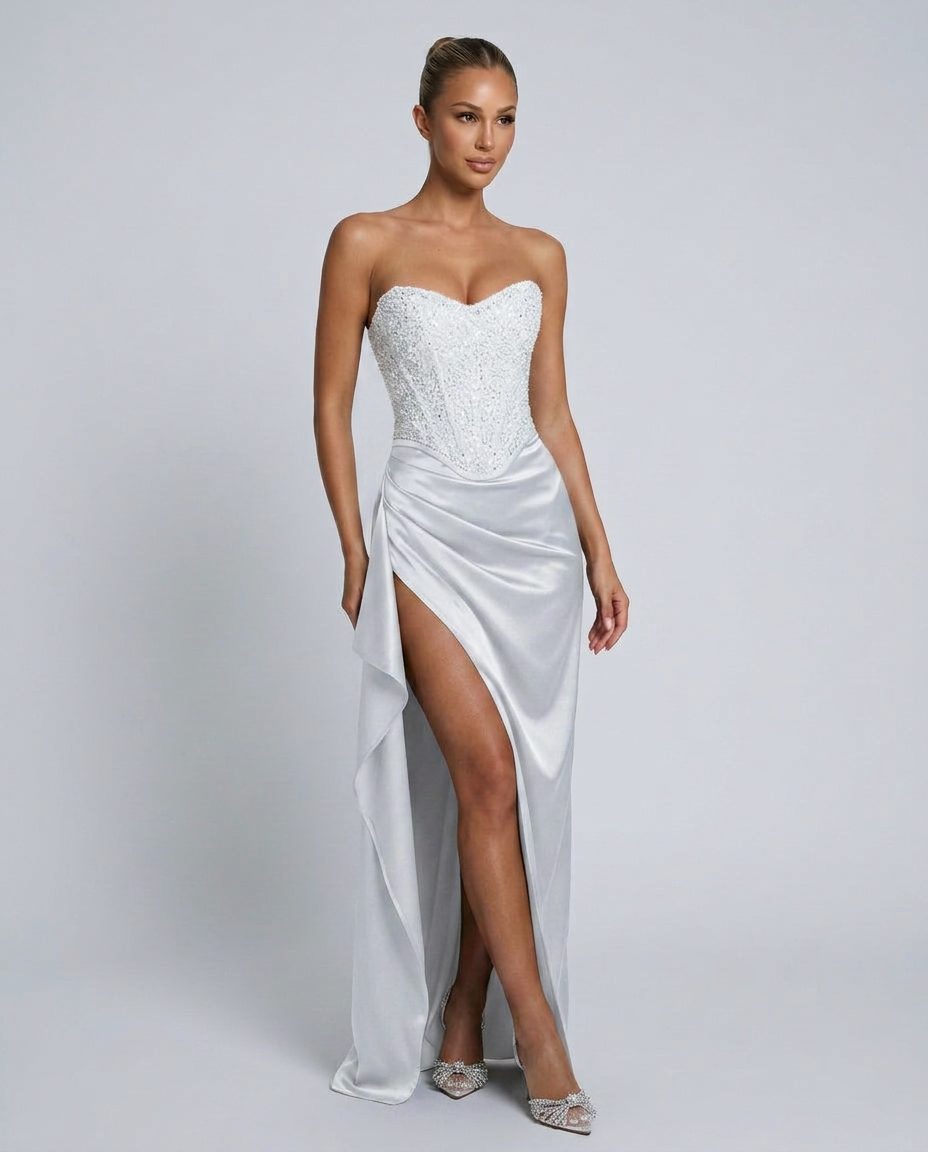 Strapless Evening Dress for Women with High Split and Corset Bodice - 4 - Stylewhipped