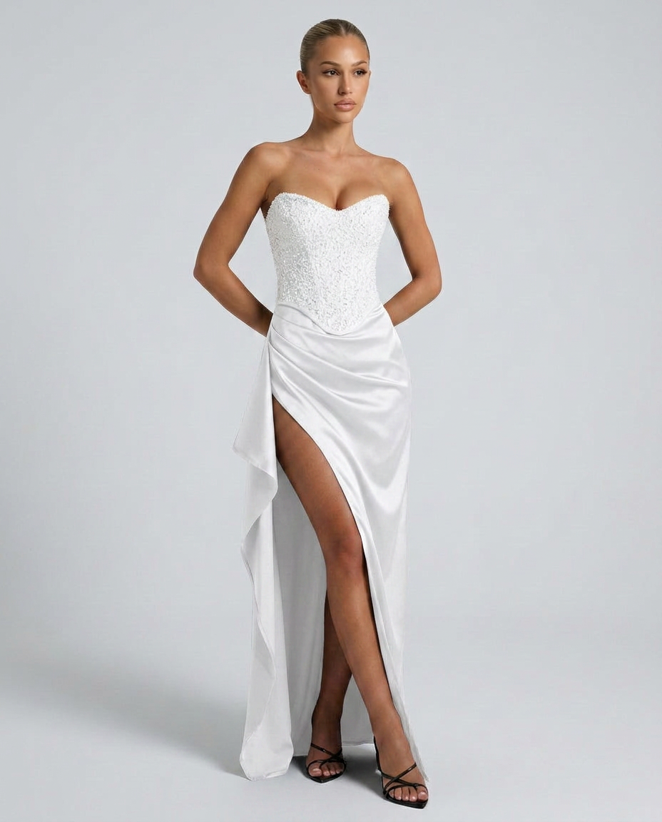 Strapless Evening Dress for Women with High Split and Corset Bodice - 6 - Stylewhipped