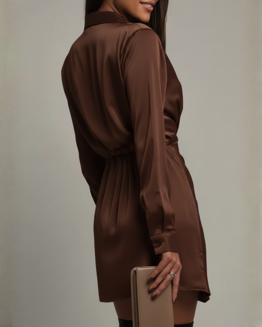 Wrap Dress Women's V-Neck Long Sleeve in Chocolate Brown - 4 - Stylewhipped