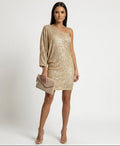 Wrap Dress Women's Asymmetrical Shoulder Long Sleeve Gold Shimmer - 1 - Stylewhipped