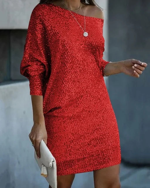 Wrap Dress Women's Asymmetrical Shoulder Long Sleeve Gold Shimmer - 4 - Stylewhipped