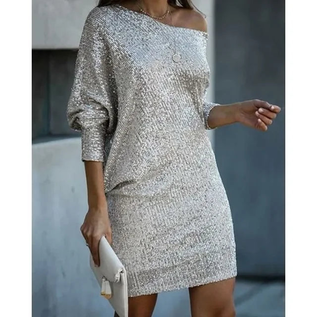 Wrap Dress Women's Asymmetrical Shoulder Long Sleeve Gold Shimmer - 5 - Stylewhipped