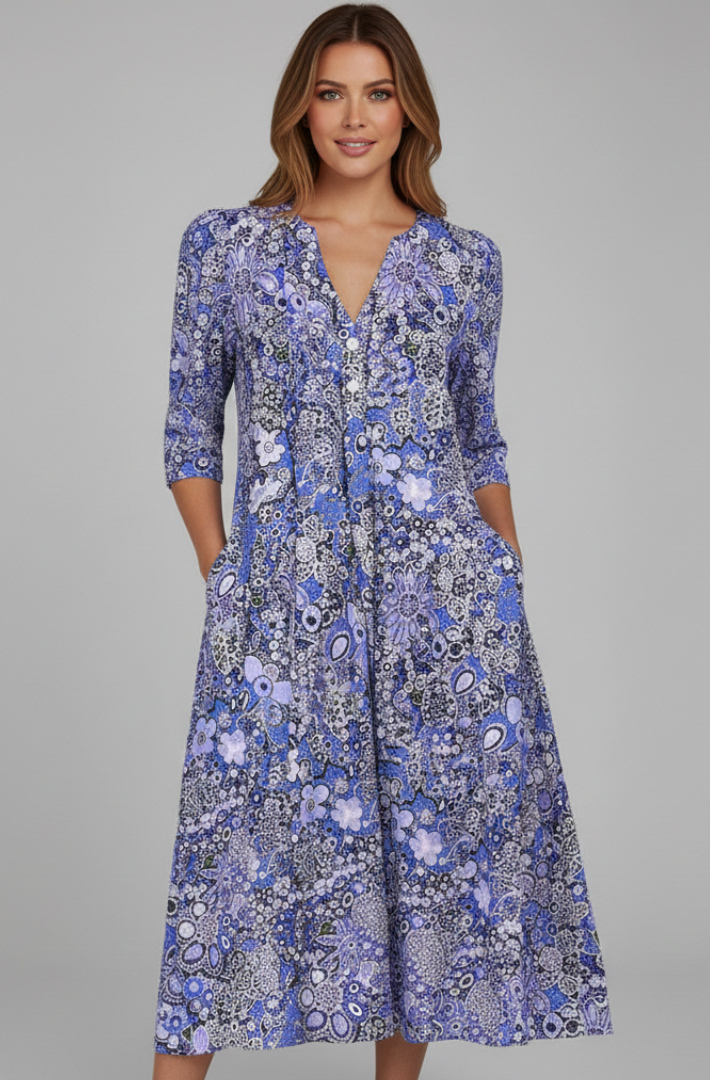 Midi Dress for Women with V-Neck and Three-Quarter Sleeves in Floral Print - 2 - Stylewhipped