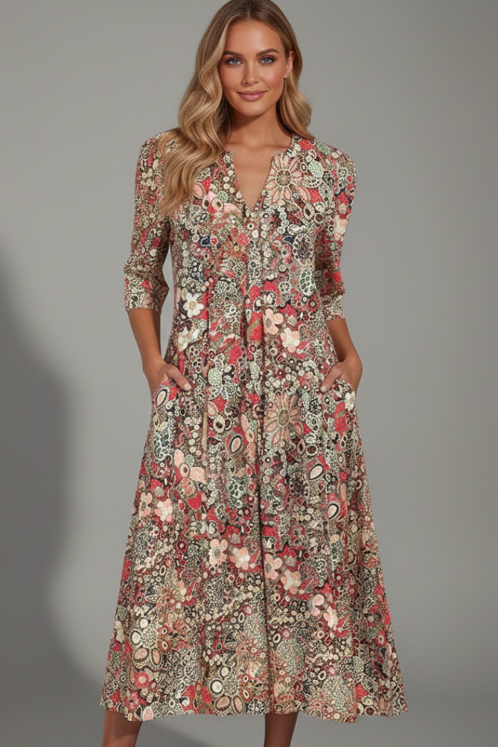 Midi Dress for Women with V-Neck and Three-Quarter Sleeves in Floral Print - 3 - Stylewhipped