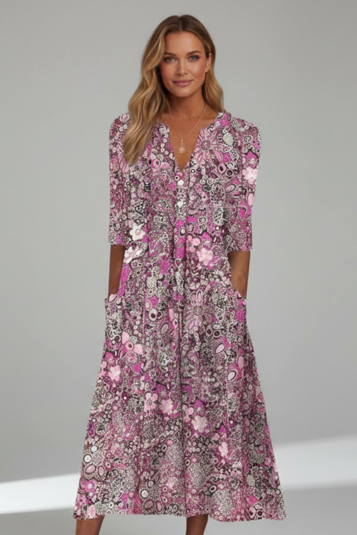 Midi Dress for Women with V-Neck and Three-Quarter Sleeves in Floral Print - 4 - Stylewhipped