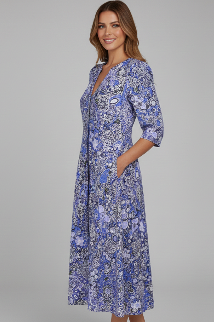 Midi Dress for Women with V-Neck and Three-Quarter Sleeves in Floral Print - 5 - Stylewhipped