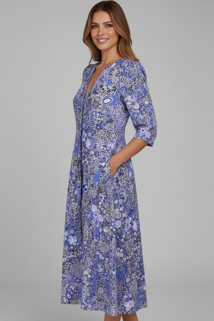 Midi Dress for Women with V-Neck and Three-Quarter Sleeves in Floral Print - 6 - Stylewhipped