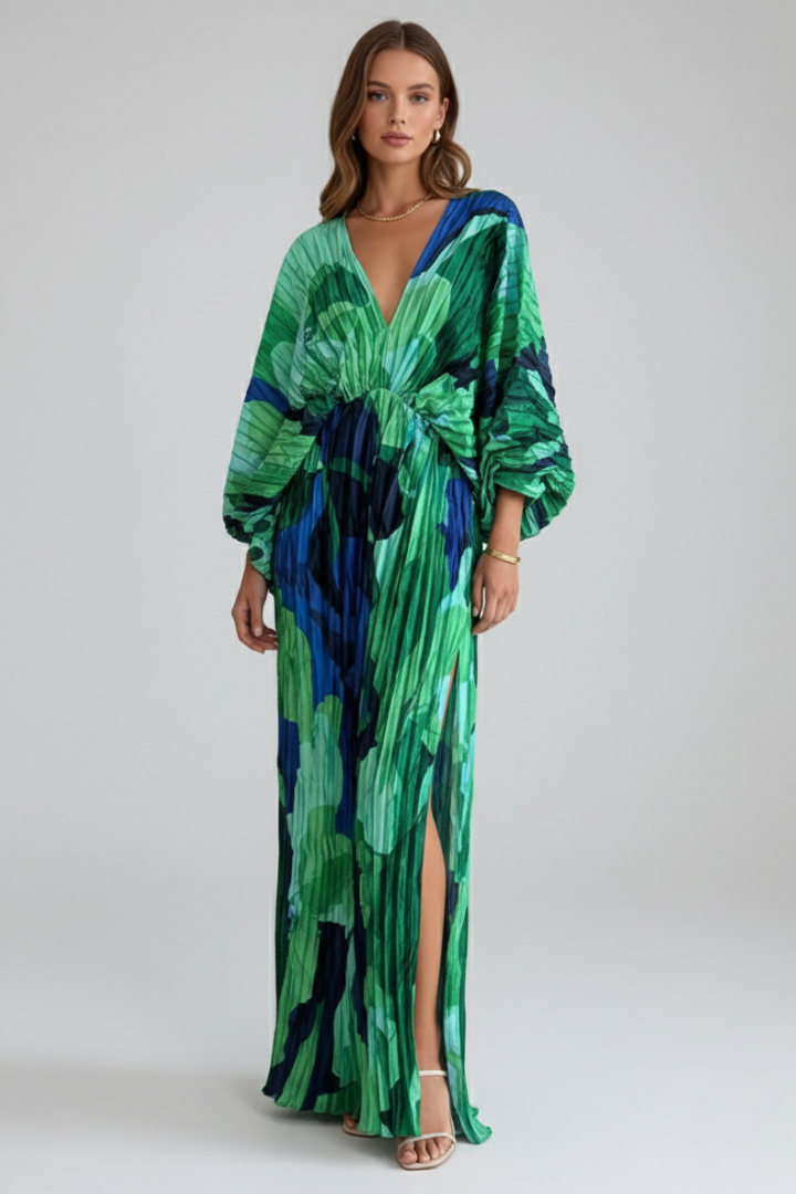 Maxi Dress Women's Pleated Design with V-Neckline and Tie Waist - 1 - Stylewhipped