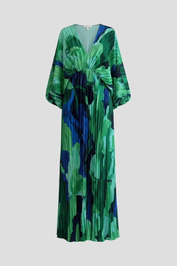 Maxi Dress Women's Pleated Design with V-Neckline and Tie Waist - 2 - Stylewhipped