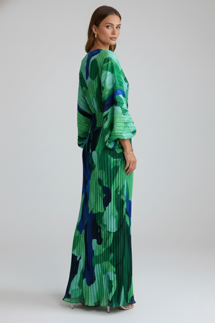 Maxi Dress Women's Pleated Design with V-Neckline and Tie Waist - 3 - Stylewhipped