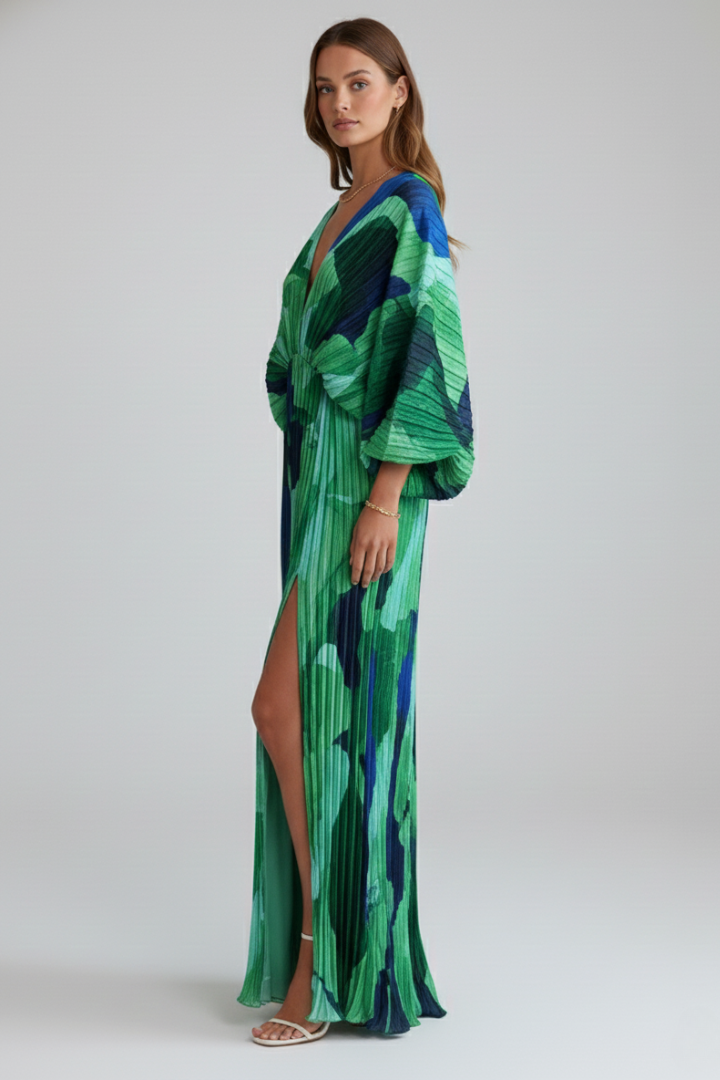 Maxi Dress Women's Pleated Design with V-Neckline and Tie Waist - 4 - Stylewhipped