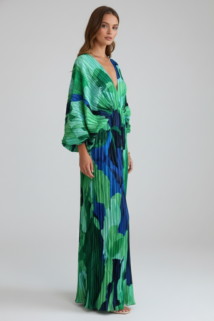 Maxi Dress Women's Pleated Design with V-Neckline and Tie Waist - 5 - Stylewhipped