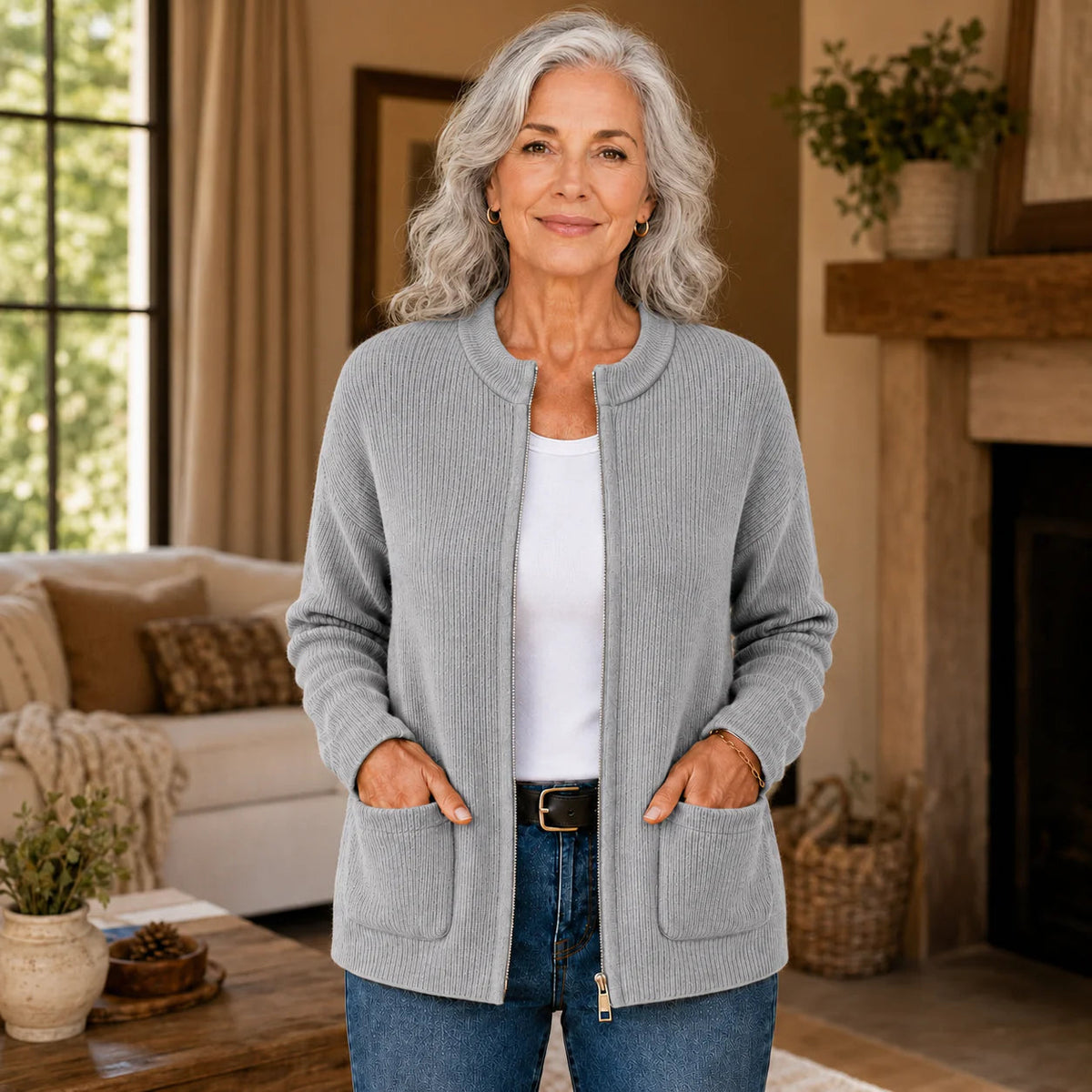 Women's Cardigan with Stand-Up Collar and Pockets - 1 - Stylewhipped