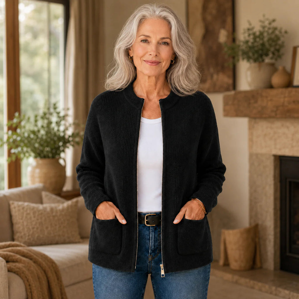 Women's Cardigan with Stand-Up Collar and Pockets - 2 - Stylewhipped
