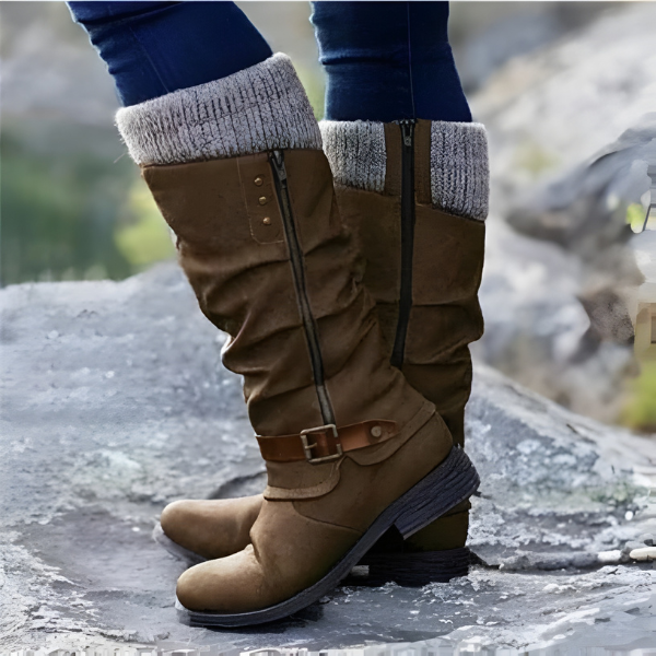 Women's Slouchy Knee-High Boots with Buckle Detail - 3 - Stylewhipped