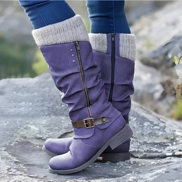 Women's Slouchy Knee-High Boots with Buckle Detail - 4 - Stylewhipped