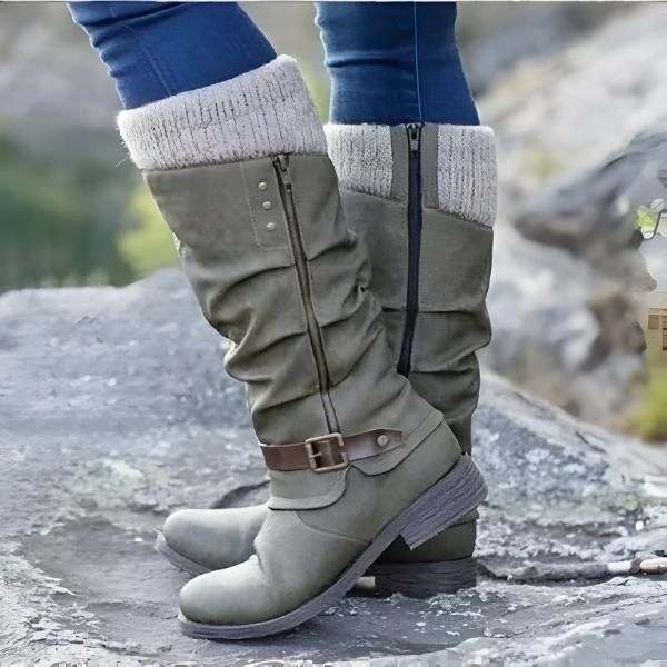 Women's Slouchy Knee-High Boots with Buckle Detail - 5 - Stylewhipped