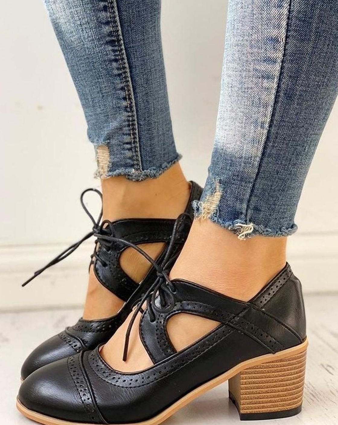 Women's Block Heels with Brogue Detailing and Lacing - 2 - Stylewhipped
