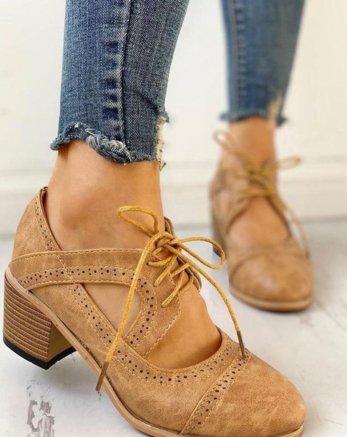 Women's Block Heels with Brogue Detailing and Lacing - 3 - Stylewhipped