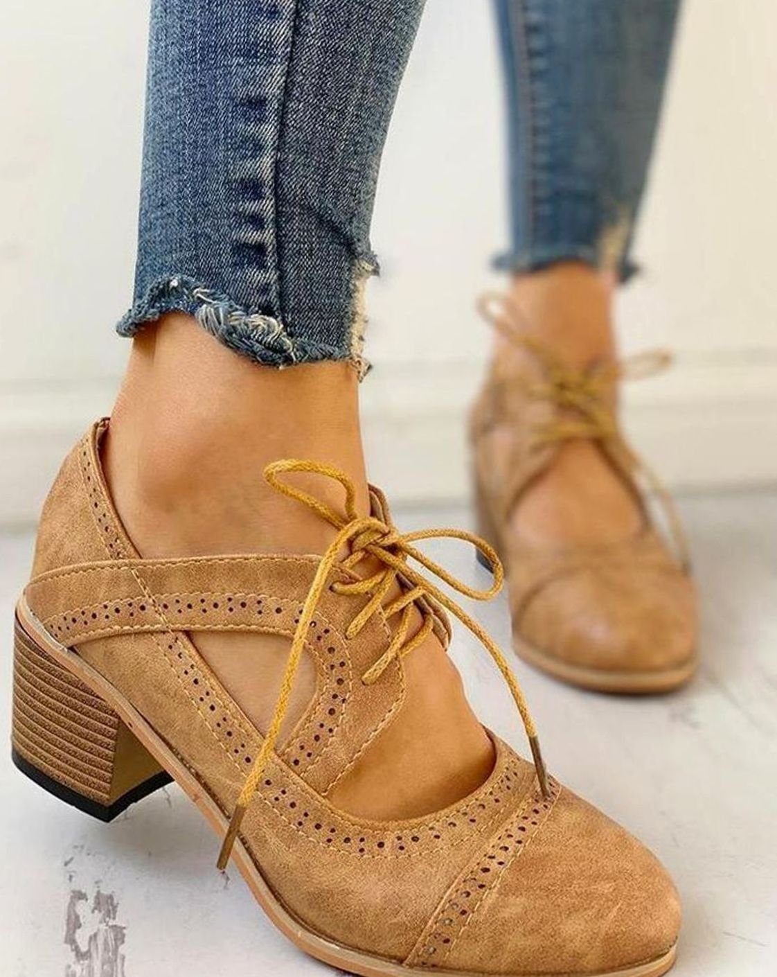 Women's Block Heels with Brogue Detailing and Lacing - 4 - Stylewhipped