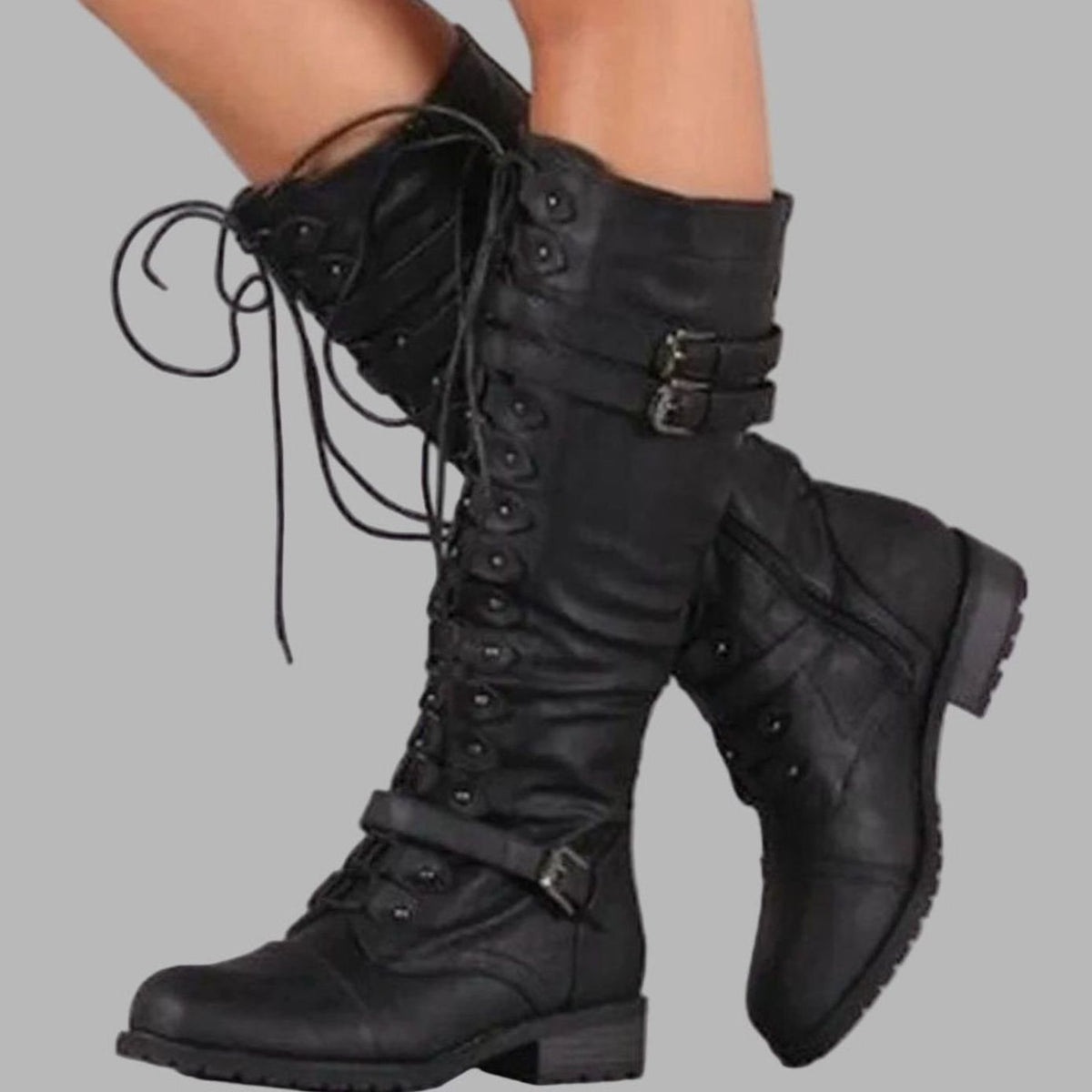 Knee-High Women's Lace-Up Boots with Double Buckles - 1 - Stylewhipped