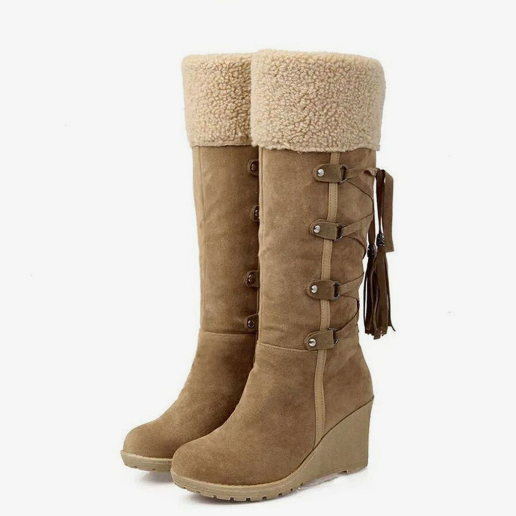 Wedge Boots for Women with Faux Fur Collar and Side Lacing - 1 - Stylewhipped