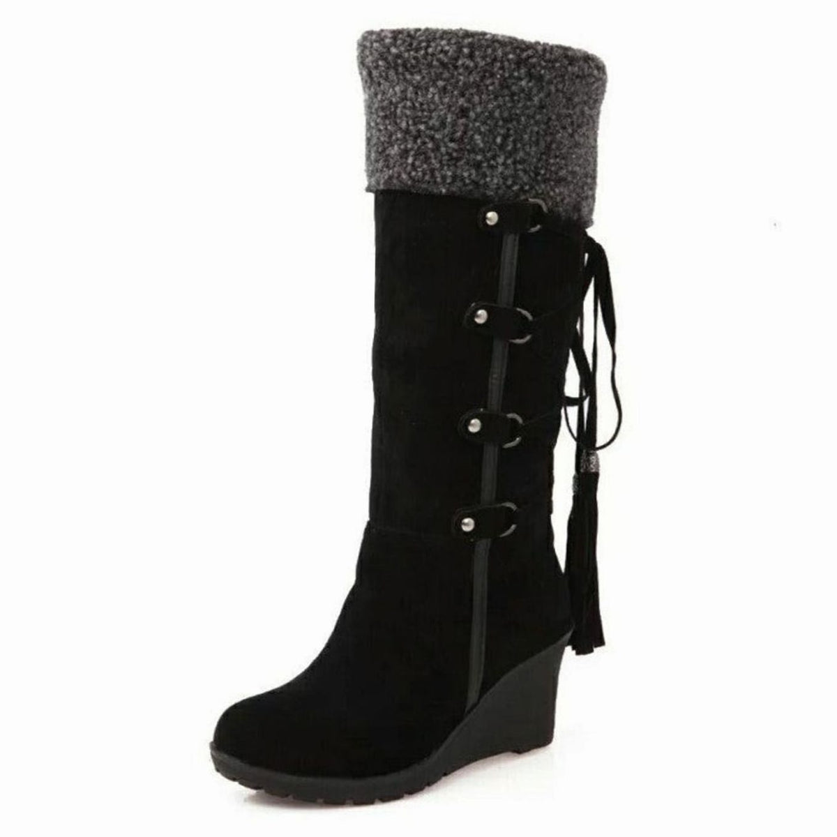 Wedge Boots for Women with Faux Fur Collar and Side Lacing - 3 - Stylewhipped