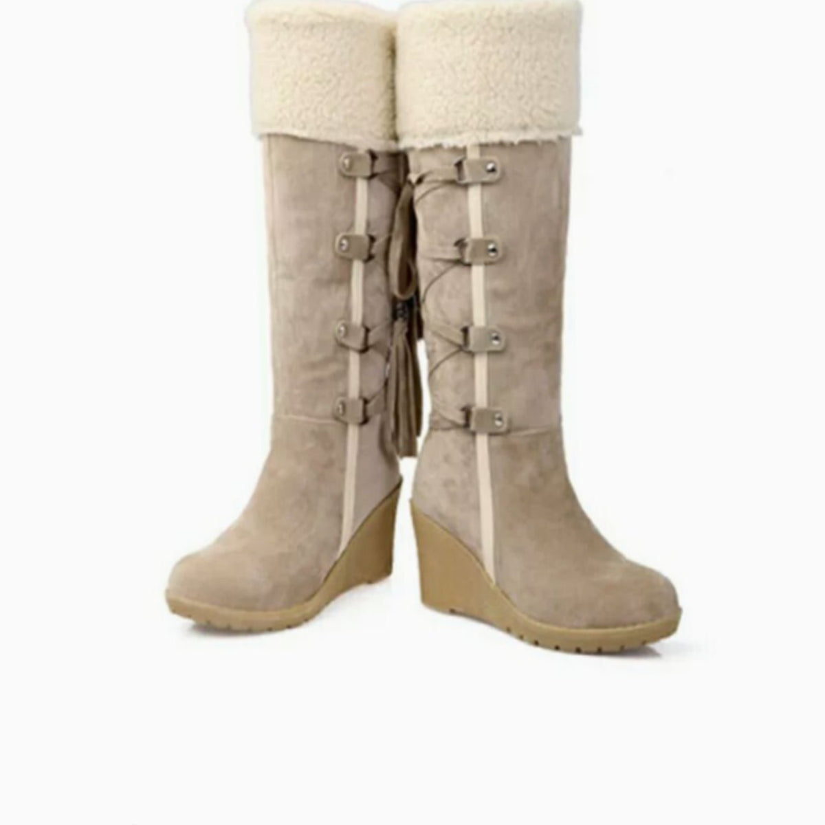 Wedge Boots for Women with Faux Fur Collar and Side Lacing - 4 - Stylewhipped