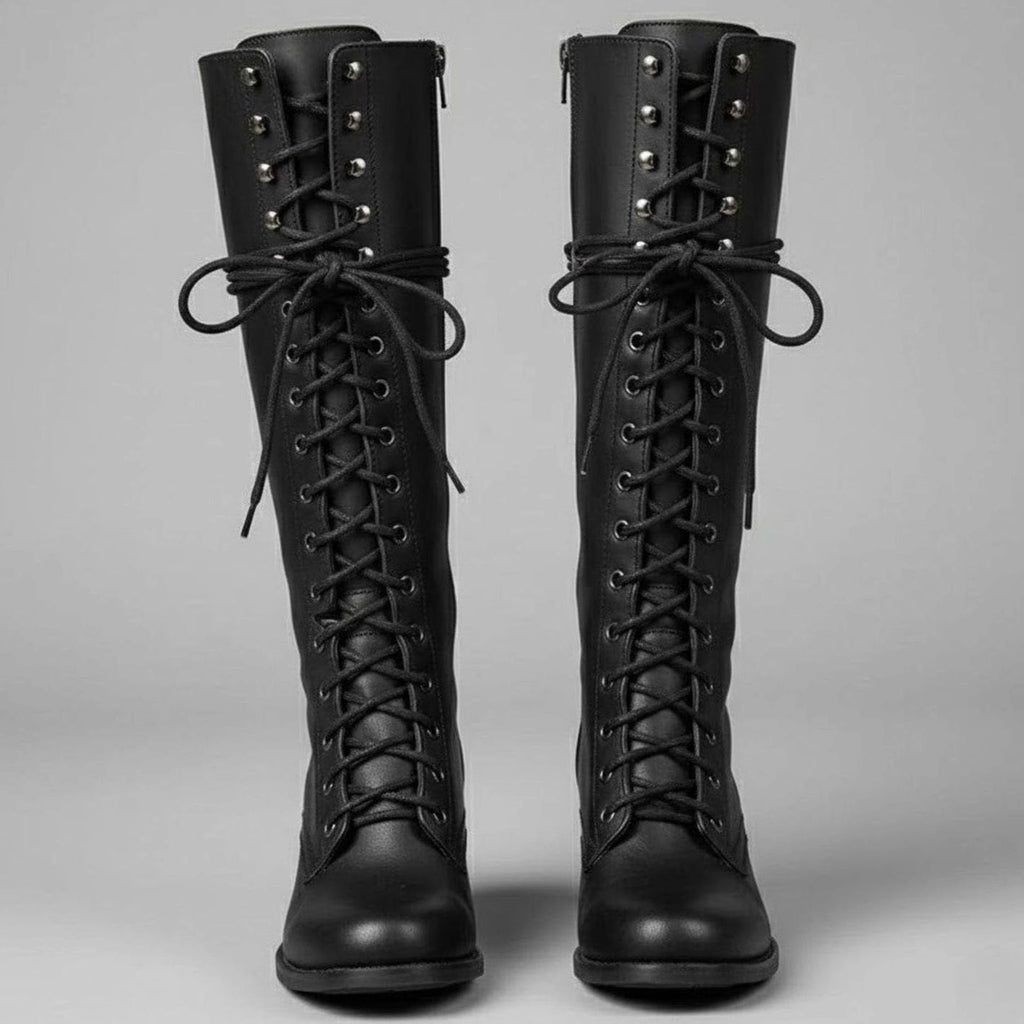 Laced Knee-High Women's Boots with Chunky Heel and Adjustable Fit - 1 - Stylewhipped