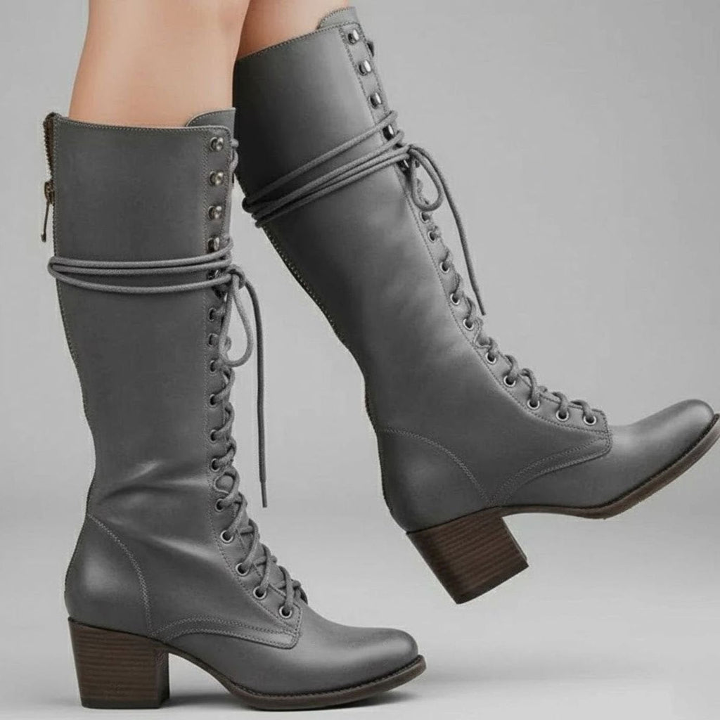 Laced Knee-High Women's Boots with Chunky Heel and Adjustable Fit - 2 - Stylewhipped