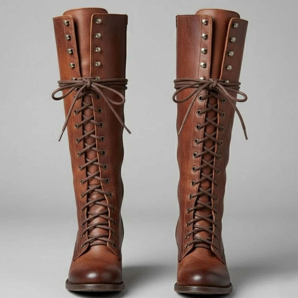 Laced Knee-High Women's Boots with Chunky Heel and Adjustable Fit - 3 - Stylewhipped