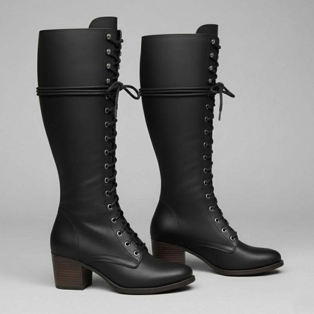 Laced Knee-High Women's Boots with Chunky Heel and Adjustable Fit - 6 - Stylewhipped