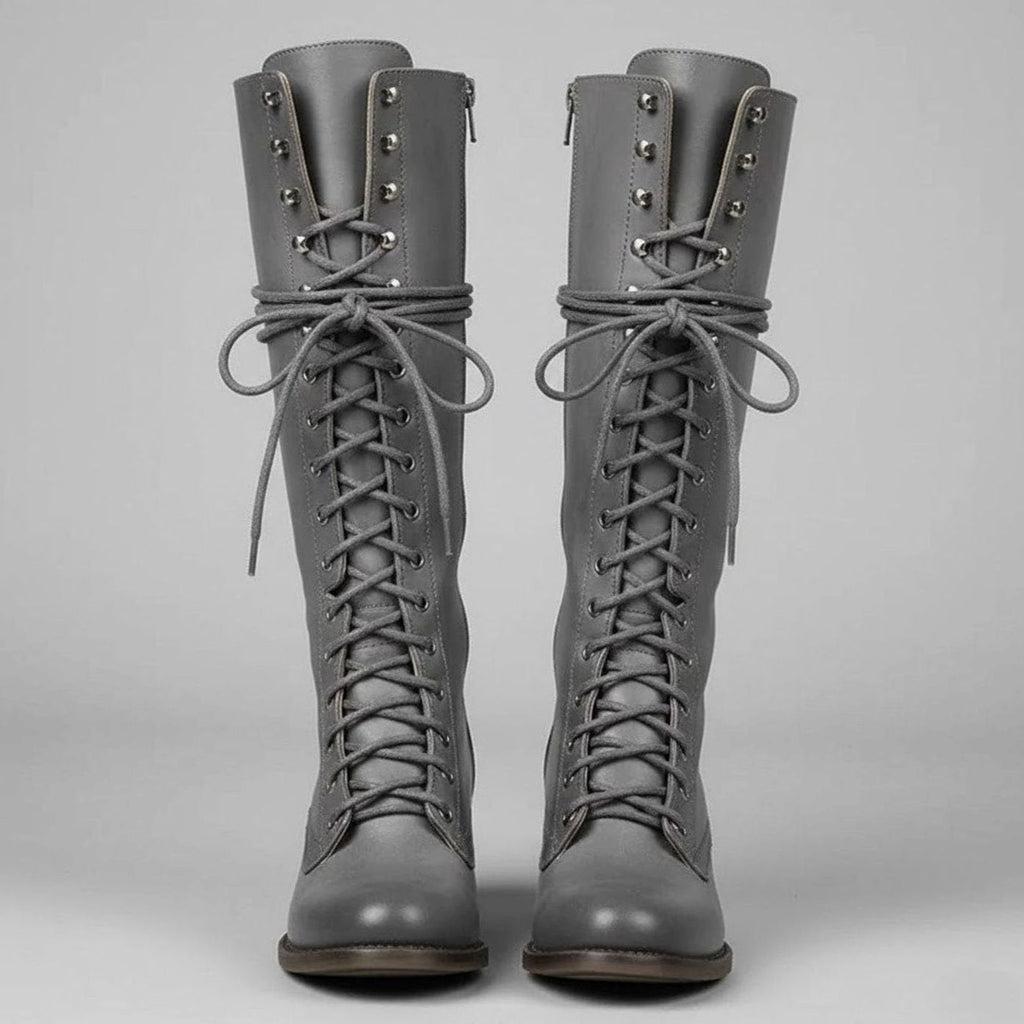 Laced Knee-High Women's Boots with Chunky Heel and Adjustable Fit - 7 - Stylewhipped