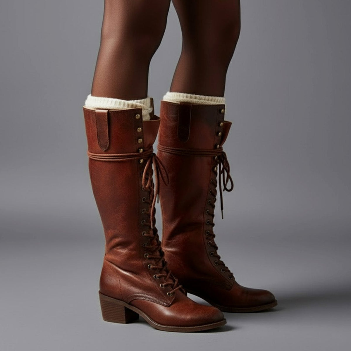 Laced Knee-High Women's Boots with Chunky Heel and Adjustable Fit - 11 - Stylewhipped