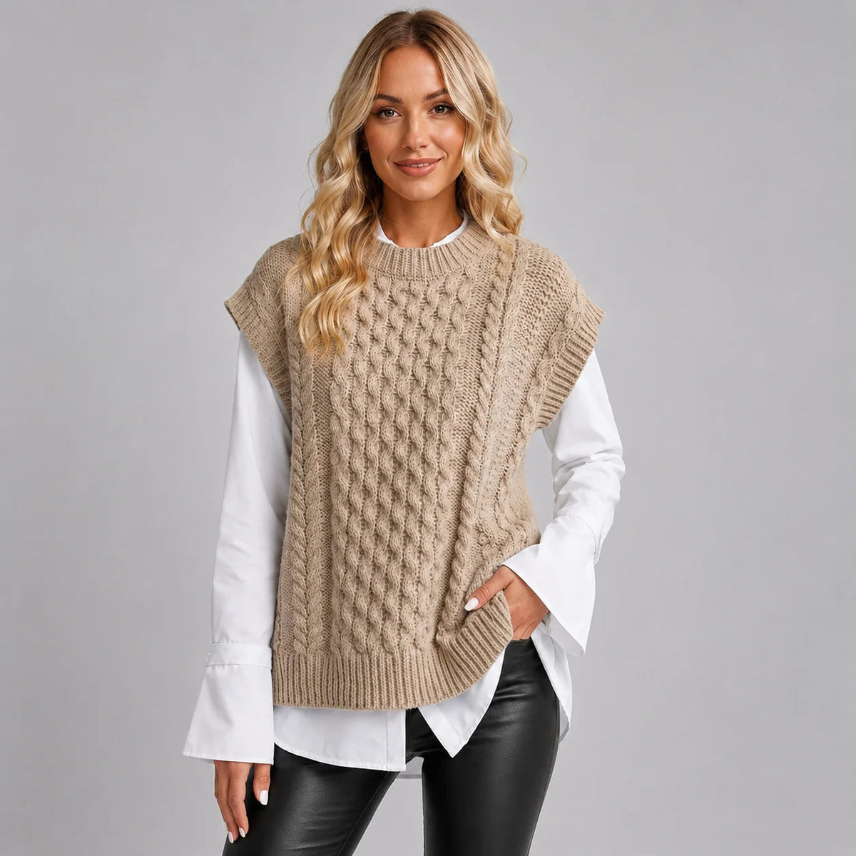 Knitted Vest Women Sleeveless Oversized with Textured Design - 1 - Stylewhipped