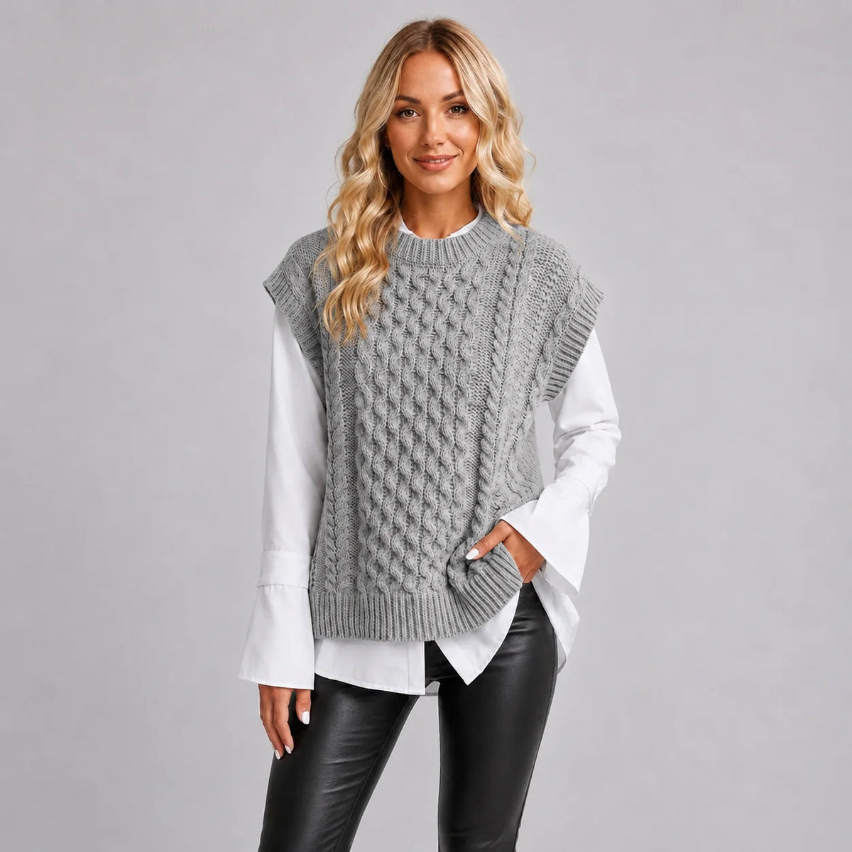 Knitted Vest Women Sleeveless Oversized with Textured Design - 2 - Stylewhipped