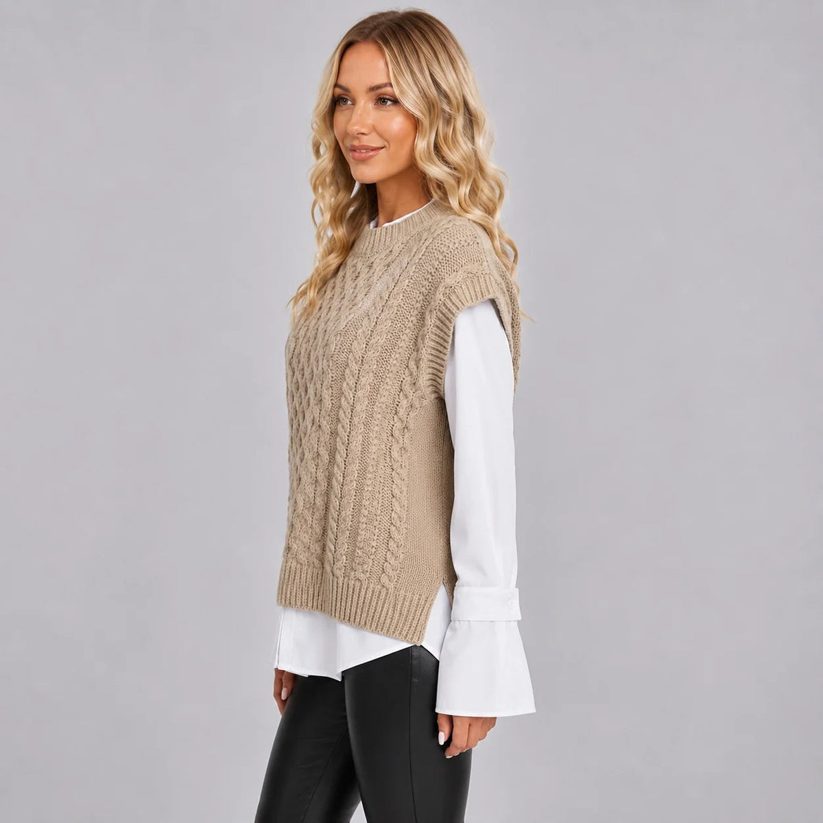 Knitted Vest Women Sleeveless Oversized with Textured Design - 5 - Stylewhipped