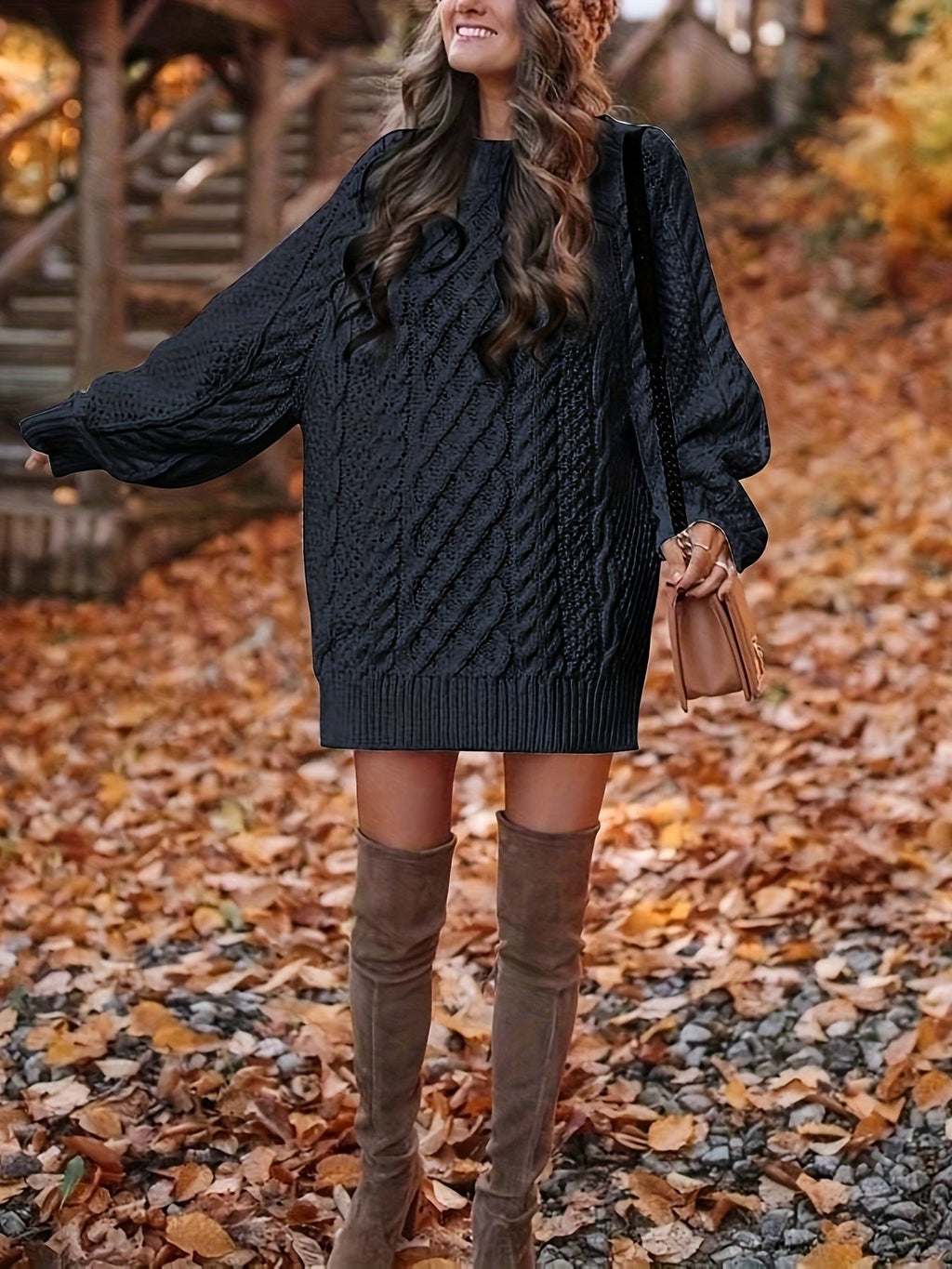 Sweater Dress Women Oversized Cable Knit with Long Sleeves - 3 - Stylewhipped