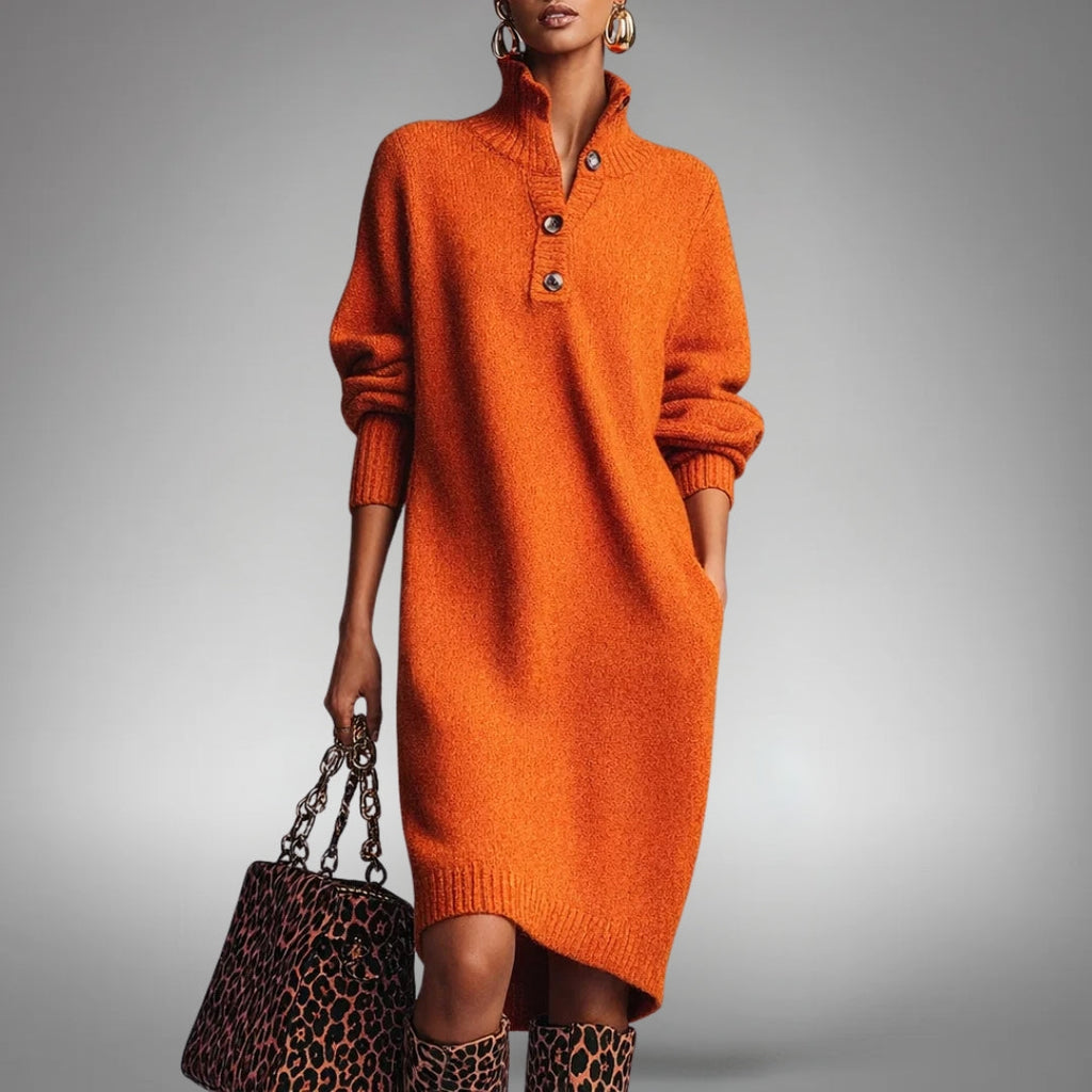 Sweater Dress Women with Stand Collar and Button Detail - 1 - Stylewhipped