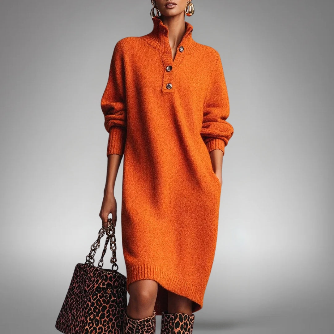 Sweater Dress Women with Stand Collar and Button Detail - 1 - Stylewhipped