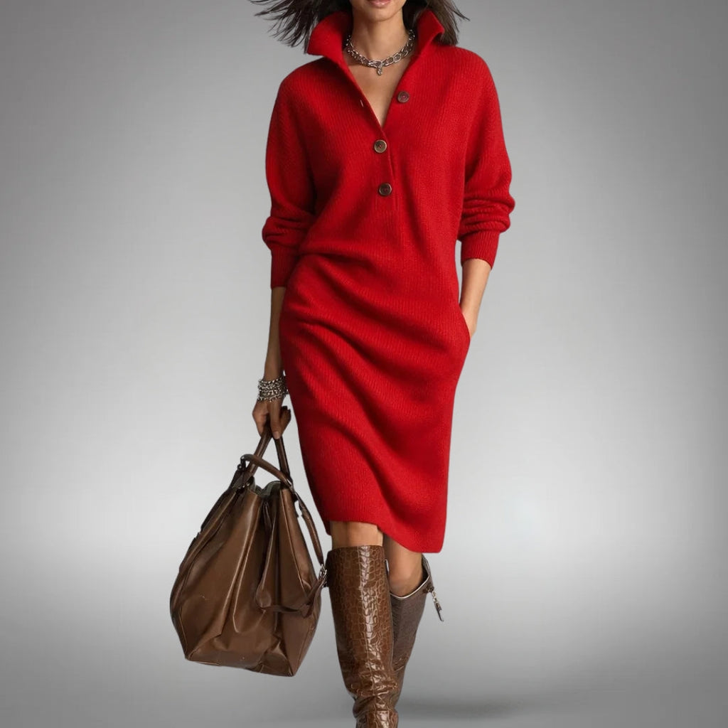 Sweater Dress Women with Stand Collar and Button Detail - 4 - Stylewhipped