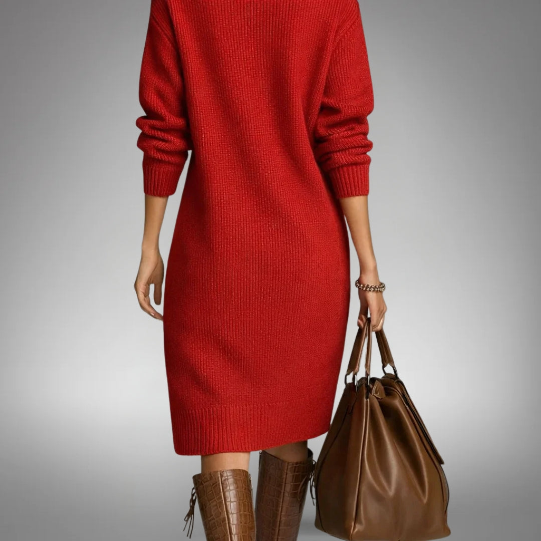 Sweater Dress Women with Stand Collar and Button Detail - 5 - Stylewhipped